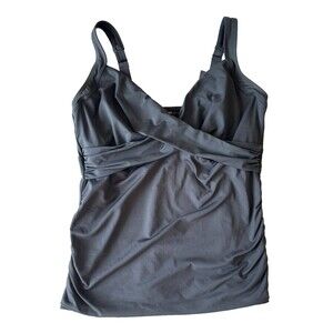 Lands End‎ Womens 16 W Wrap Front Swim Top Black Solid Tummy Control Tankini